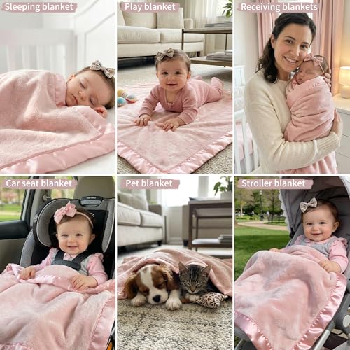 Light Pink Plush Baby Blanket with Satin Trim - 30x40 Inch
