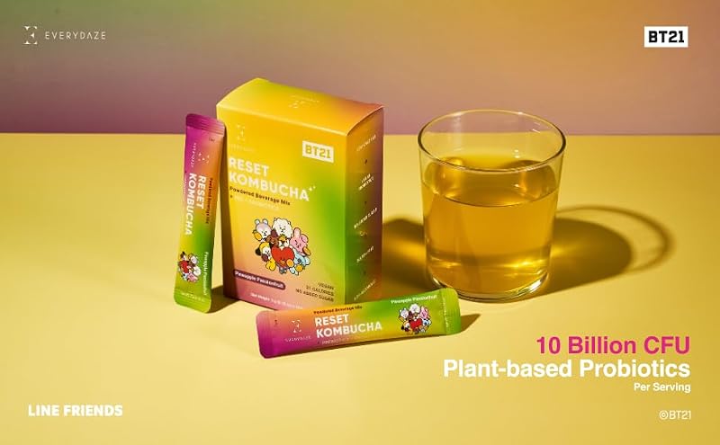 Everydaze BT21 Kombucha Powder Mix - Pineapple Passion Fruit | 10 Sticks | Vegan, Probiotics, No Sugar Added