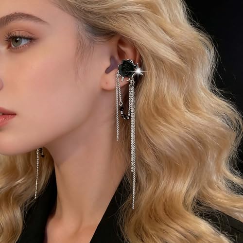 Black Rose Flower Long Rhinestone Chain Drop Earrings Ear Cuff