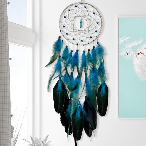 Blue Glow in the Dark Dream Catcher with Turquoise Gem - Handmade Wall Decor for Kids