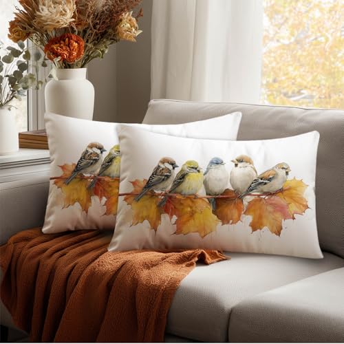 HOMETITUTE Decorative Satin Pillow Covers Set of 2 - 12x20 Inch Watercolor Bird Art
