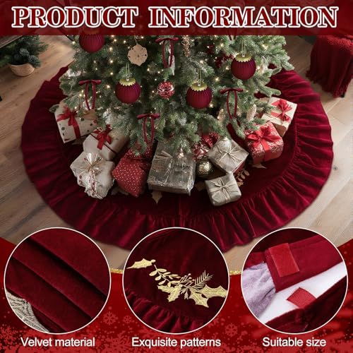 Christmas Tree Skirt 72 Inch Gold Embroidered Holly Style Red with Variation of THIS listing