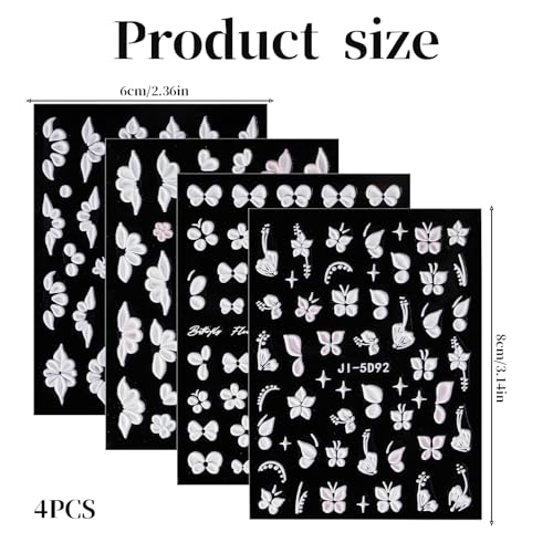 5D Embossed Flower Nail Art Stickers - White Floral Butterfly Decals