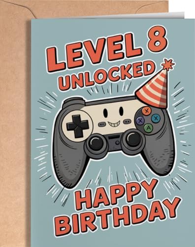 Level 8 Birthday Card for Boys - Gamer Themed 8th Birthday Greeting Card