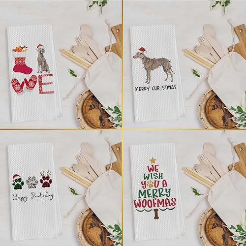 Weimaraner Christmas Kitchen Towels Set - Holiday Dog Paw Decor, 16x24 Inch, Waffle Microfiber, Pack of 4
