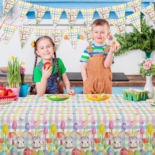 Dvaorc 4-Pack Easter Tablecloth and Bunny Banners Spring Party Decor