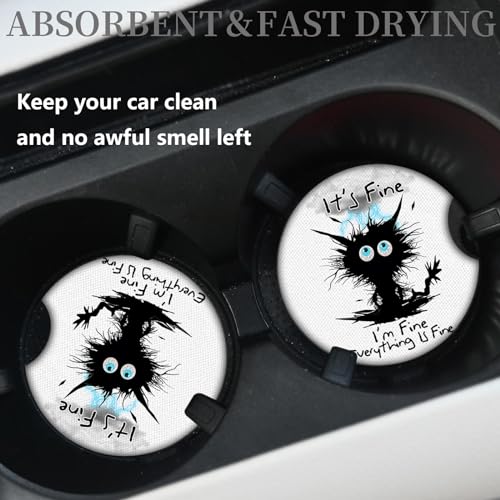 I'm Fine Cat Car Cup Holders 2 Pack - Universal Anti Slip Rubber Coasters