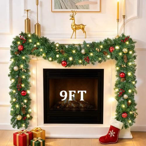 Prelit Christmas Garland with Lights - 9 FT Faux Evergreen Wreath with 50 LEDs, Berries & Pinecones, Indoor Decor, 1 Pack