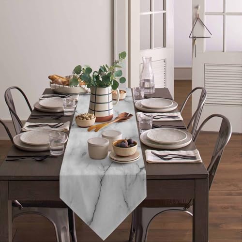 60-Inch Marble Linen Table Runner - Washable Burlap for Dining