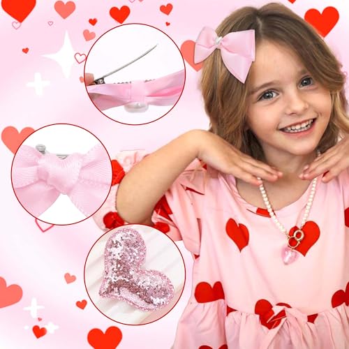 Pink Heart Hair Bows and Sequin Clips Set for Women and Teens