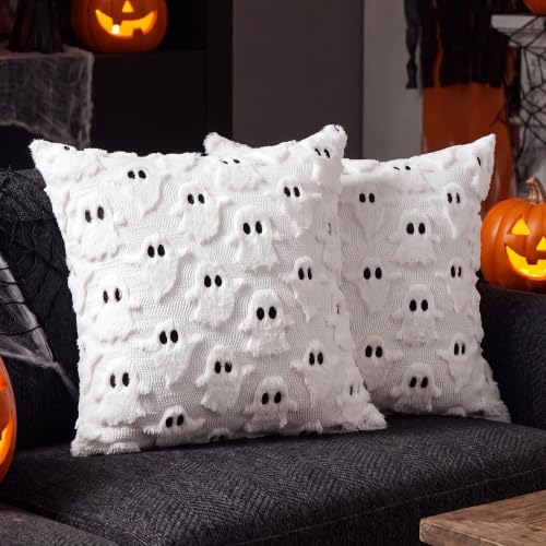 HOSHEN HOME 3D Ghost Faux Fur Pillow Covers, White 18x18 Inch Set of 2