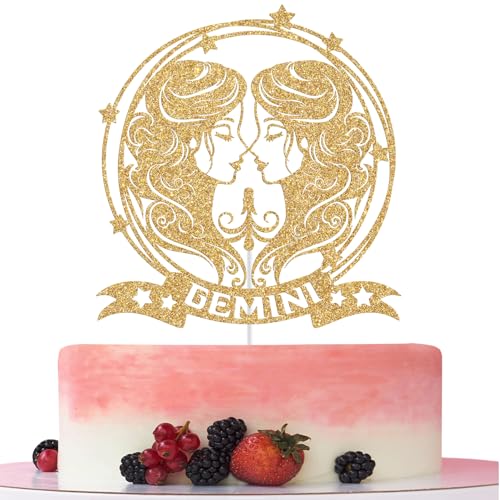 Gold Glitter Gemini Cake Topper for Zodiac Birthday Parties