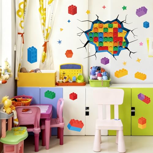 Building Block Wall Decals - 3D Colorful Bricks Peel & Stick Art