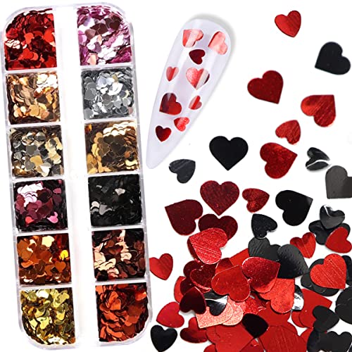 Holographic Heart Nail Art Glitter Sequins 12 Grids Valentine Decals