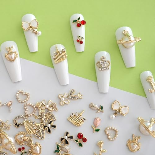 68-Piece 3D Nail Charms and Rhinestones Luxury Silver and Gold Nail Art Gems