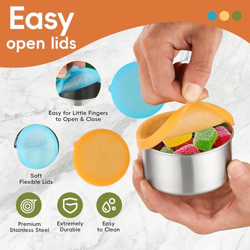 BEFOY Stainless Steel Snack Containers Set - 3 Pack for Kids, Blue-Orange-Green, Leakproof Bento Box for School