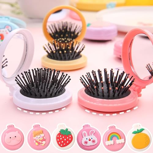 Strawberry Folding Travel Hair Brush with Built-In Mirror and Massage Bristles