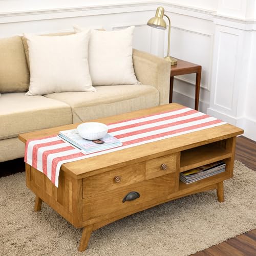 Solino Home 100% Pure Linen Table Runner Red & White Stripe 14 x 60 in - Handmade