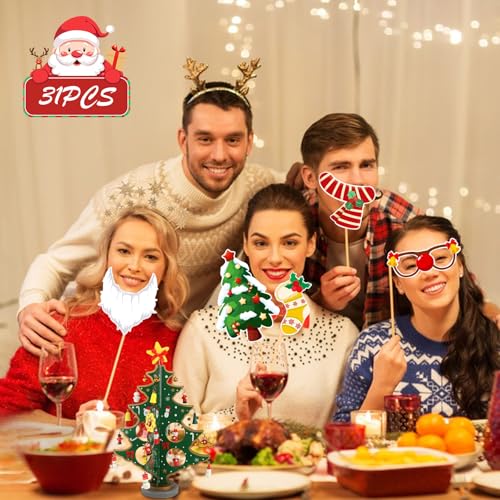 Christmas Photo Booth Props 31-Piece Set with Sticks for Holiday Parties