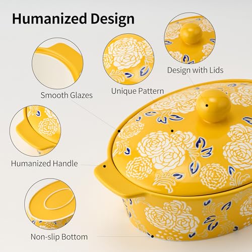 Yellow Ceramic Casserole Dish with Lid - Oven Safe Baking Pan for Cooking & Serving