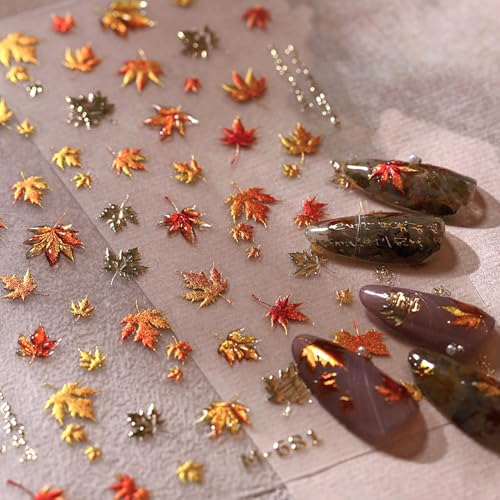 5D Embossed Fall Maple Leaf Nail Art Stickers Self-Adhesive Red Leaves Decals