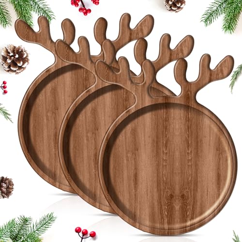 3 Pcs 12-Inch Acacia Wood Christmas Charcuterie Board with Deer Antler Handles - Rustic Serving Platters
