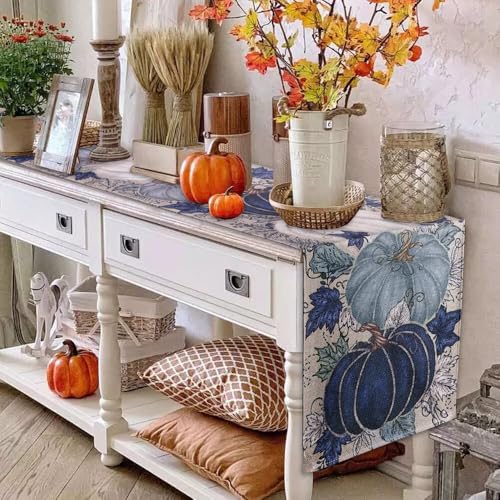 Heirloom Haven Vintage Blue Pumpkin Fall Table Runner 13x72 Inch