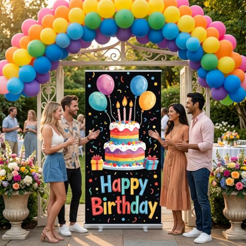 Happy Birthday Banner Backdrop, Colorful Cake Party Decor 35.4x70.9 Inch