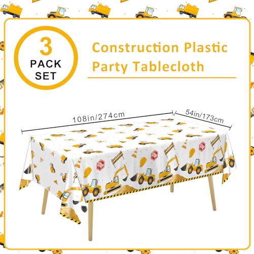 Construction Tablecloths Pack - 3 Plastic Table Covers for Birthday Party Decorations, 54 x 108 Inches