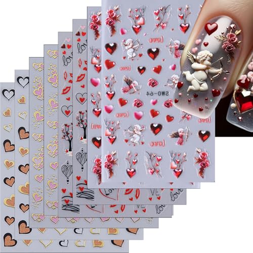 8 Sheets Valentine's Day Heart Nail Art Stickers Embossed Decals