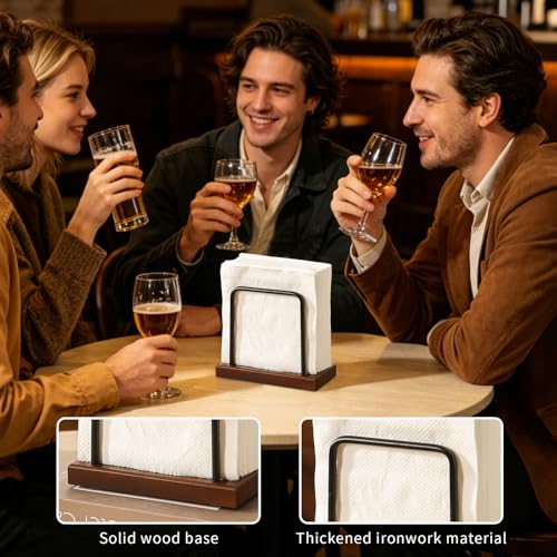 Modern Rectangular Napkin Holder with Wooden Base and Black Metal Frame
