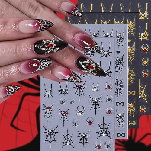 KAICCOSO 5D Embossed Spider Web Nail Stickers 4Pcs Self-Adhesive Cobweb Decals