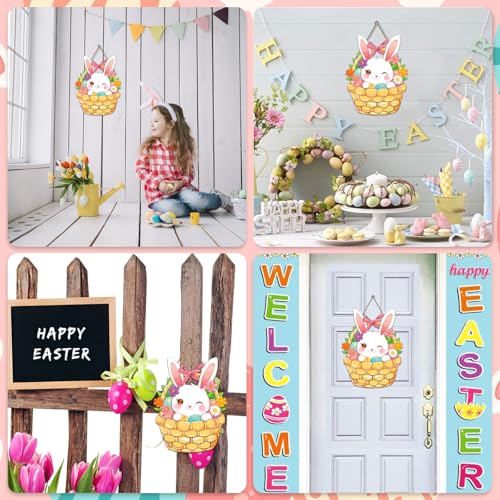 Easter Bunny Door Sign - Wooden Basket Wreath with Flowers & Eggs