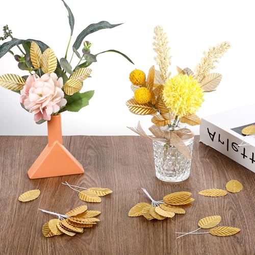 200 Pcs Artificial Gold Leaves with Stems for DIY Floral Crafts & Decor