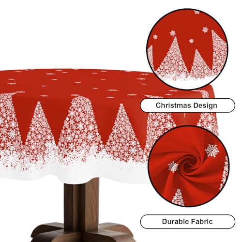 Christmas Tablecloth 70 Inch Round Red Snowflakes Tree Theme Spillproof Washable Fabric Xmas Decor - Variation Xmas Tc 08 / 70"