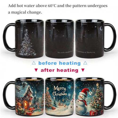 Christmas Cottage Heat Changing Mug - Snowman & Tree Magic 12 Oz, Blue/Red/White
