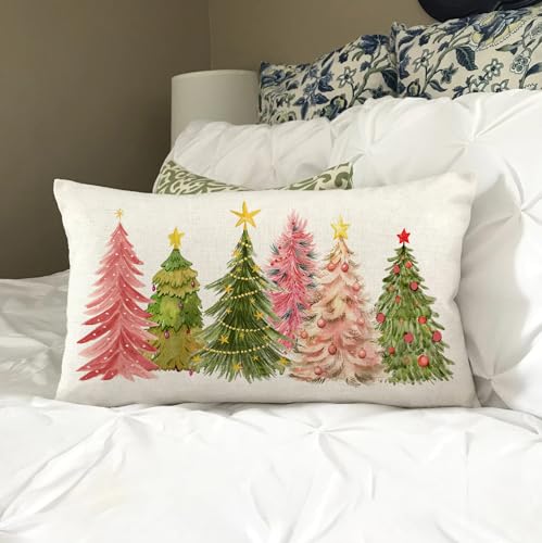 Pink Green Christmas Pillow Cover 12x20 Inch | Watercolor Tree Design