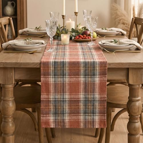 Rust Farmhouse Table Runner 13x72 Inch - Fall Plaid Home Decor, Durable Polyester
