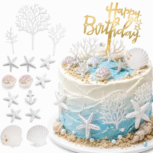 18-Piece Ocean Theme Cake Topper Set, Gold Seashell & Starfish Decorations