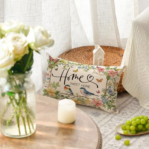 AVOIN colorlife Home Sweet Home Birds Floral Throw Pillow Cover - 12x20