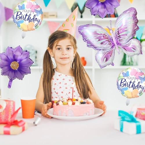 Butterfly Balloon Set - 1 Foil Butterfly, 2 Birthday, 2 Sunflower Balloons