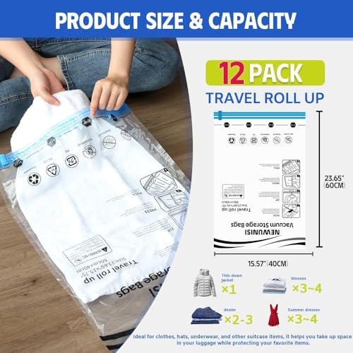 Newunisi 12-Piece Travel Vacuum Storage Bags, Roll-Up Compression Bags