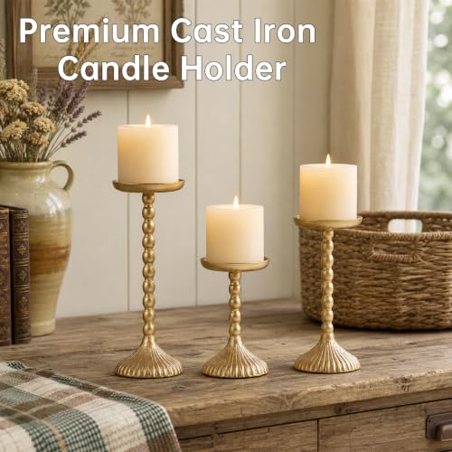 Vintage Gold Cast Iron Pillar Candle Holder Set - 3 Piece, Graduated Heights