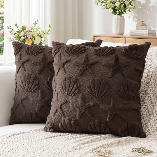 OTOSTAR Shell Starfish Throw Pillow Covers Set of 2 - 18x18 Inch Chocolate Brown