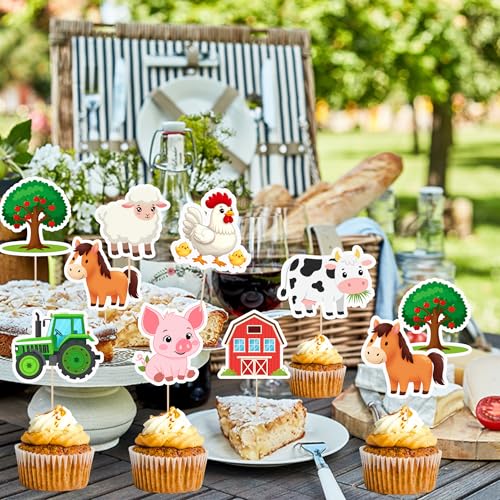 Farm Animal Cupcake Toppers 24 pcs - Farm Theme Party Decorations with Cow, Sheep, Chicken, Horse, Pig, Tractor, Tree & House Design