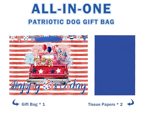 Large Patriotic Dog Birthday Gift Bag with Tissue Paper - 13"