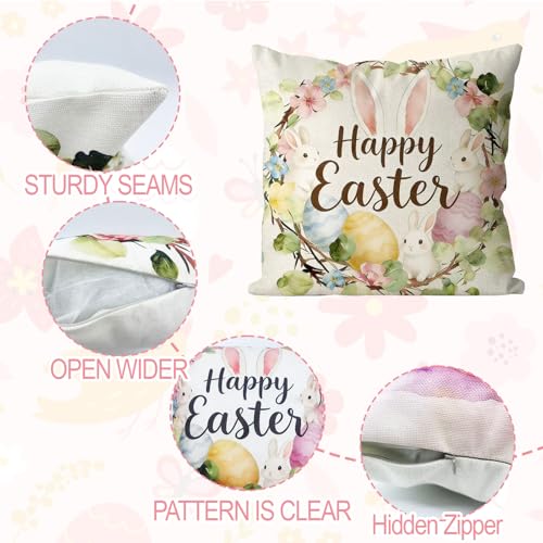 Easter Pillow Covers Set of 4 - 18x18 Inch Bunny & Egg Designs