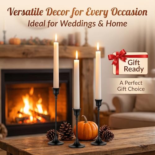 Qynoro Black Taper Candle Holders - Set of 3 Metal Candlestick Stands