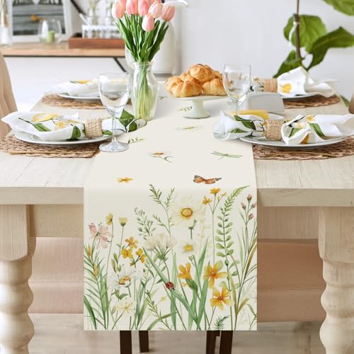 Bonhause Spring Floral Table Runner 13x72 Inch - Yellow & White