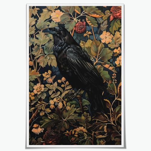 Vintage William Morris Black Crow Wall Art - Retro Botanical Print 8x12